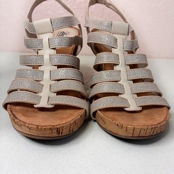 Bass Wedge Sandals Louisa Womens 9 M Strappy Elastic Metallic Beige Resort Vacay - Picture 4 of 11